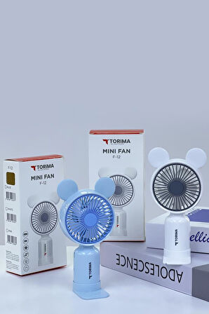 Torima F-12 Beyaz Mini Taşınabilir Fan Şarjlı 2 Kademeli Ledli Ayıcık Kulak Vantilatör Klima Soğutucu Fan