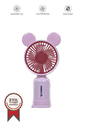 Torima F-12 Pembe Mini Taşınabilir Fan Şarjlı 2 Kademeli Ledli Ayıcık Kulak Vantilatör Klima Soğutucu Fan