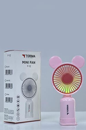 Torima F-12 Pembe Mini Taşınabilir Fan Şarjlı 2 Kademeli Ledli Ayıcık Kulak Vantilatör Klima Soğutucu Fan