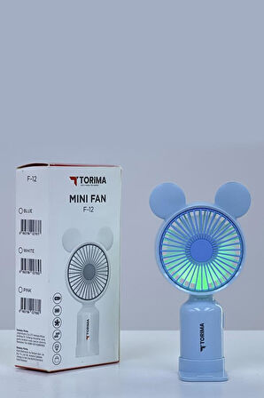 Torima F-12 Mavi Mini Taşınabilir Fan Şarjlı 2 Kademeli Ledli Ayıcık Kulak Vantilatör Klima Soğutucu Fan