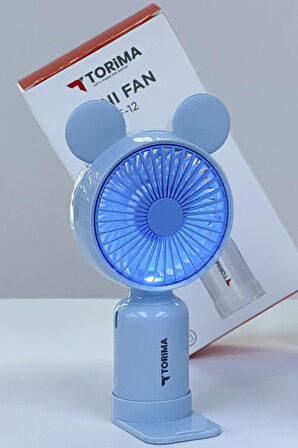 Torima F-12 Mavi Mini Taşınabilir Fan Şarjlı 2 Kademeli Ledli Ayıcık Kulak Vantilatör Klima Soğutucu Fan