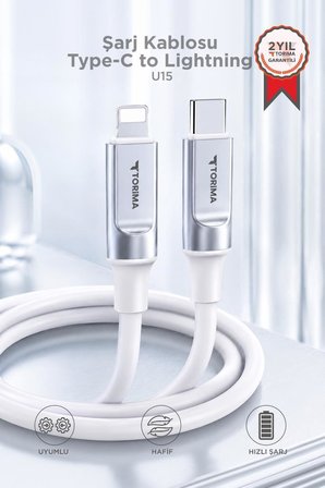 Şarj Kablosu Type-C to Lightning 3.0A Data Kablo U15 Beyaz
