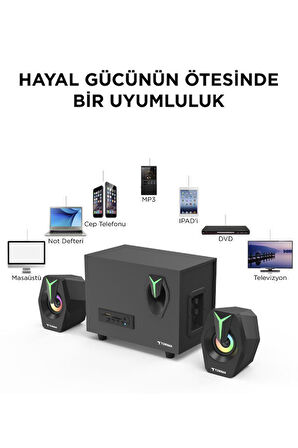 Torima D37 Siyah Bluetooth Hoparlör 2in1 Subwoofer RGB Işıklı Bilgisayar Hoparlörü Speaker