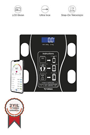 Torima XK-26C Siyah Dijital Baskül Yağ Kas Su Vücut Kitle İndeksi Kilo Ölçer Bluetooth Tartı