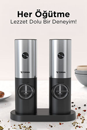 Torima KYMQ-16-BS Siyah Pilli Işıklı Otomatik Yeni Nesil Tuz Karabiber Değirmeni Baharat Öğütücü