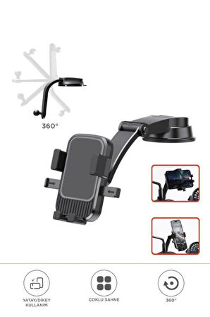 JX-053 Siyah Araç İçi Vantuzlu 360 Derece Telefon Tutucu
