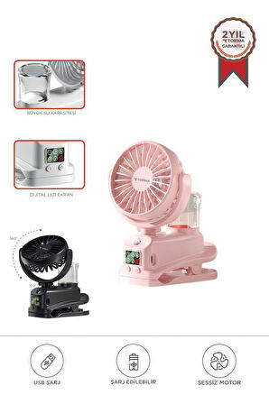 Torima F-14 Pembe Dijital Ekranlı Şarjlı Su Kapasiteli Mini Masa Fan Vantilatör
