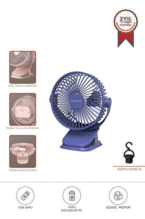 Torima F-15 Mavi Mini Fan Vantilatör I Asma Apartlı, 800 mAh Şarjlı, Type-C Girişli, Taşınabilir Fan 
