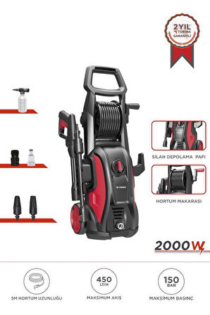Torima HPC-01 Kırmızı Yüksek Basınçlı Oto, Halı, Bahçe Temizleme ve Yıkama Makinesi – 2000W, 150 Bar