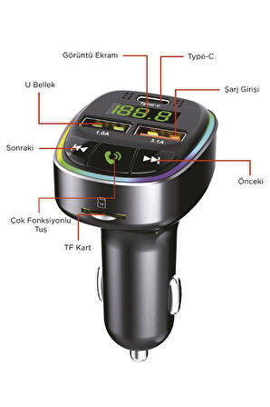 TORİMA G17 Siyah 18W Hızlı Şarjlı Bluetooth Transmitter Araç Şarj Cihazı – USB, TF Kart, FM, Mikrofon Destekli