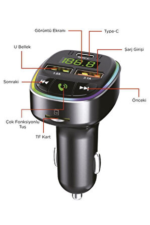 G17 18W Hızlı Şarjlı Bluetooth Transmitter Araç Şarj Cihazı – USB, TF Kart, FM, Mikrofon