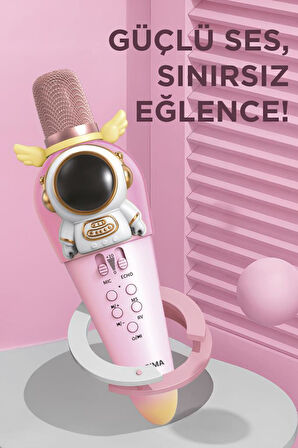 Torima KIDMIC01 Pembe Astronot Figürlü Şarjlı BT Karaoke Mikrofon ve Hoparlör 5W Kablosuz Mikrofon