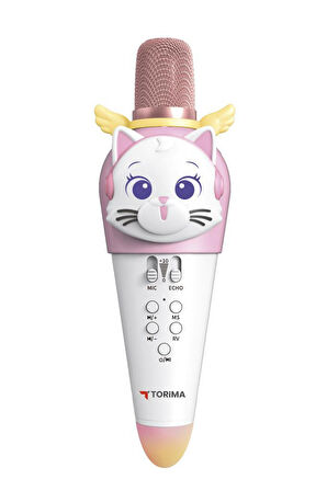 Torima KIDMIC02 Beyaz Kedi Figürlü Şarjlı BT Karaoke Mikrofon ve Hoparlör 5W Kablosuz Mikrofon