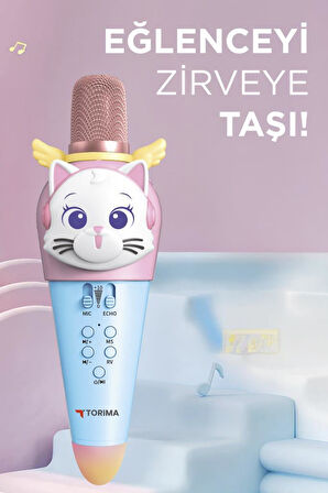 Torima KIDMIC02 Mavi Kedi Figürlü Şarjlı BT Karaoke Mikrofon ve Hoparlör 5W Kablosuz Mikrofon