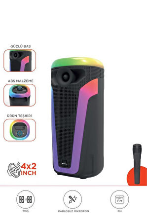 D69 Siyah RGB Ledli Kablosuz Mikrofonlu Radyolu Taşınabilir Bluetooth Hoparlör Parti Speaker