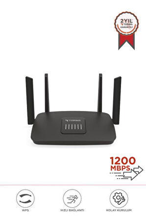 Torima AC06 Siyah Çift Bant Kablosuz WiFi Router 1200Mbps – 2.4GHz & 5GHz  4 Antenli