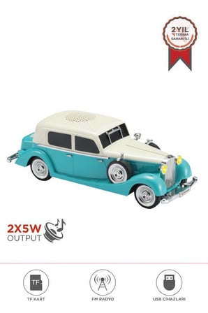 Torima D55 Turkuaz Retro Araba Tasarımlı Bluetooth Hoparlör  2x5W  FM + USB + TF Kart