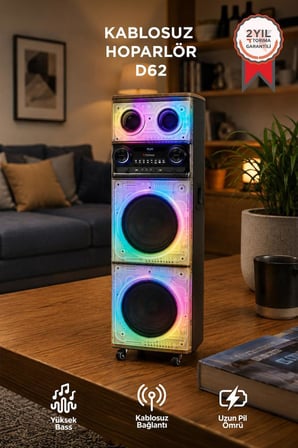 Bluetooth Hoparlör 200W 9000Mah Mikrofonlu Kumandalı FM Radyo Usb Type-C Speaker D62 Ahşap