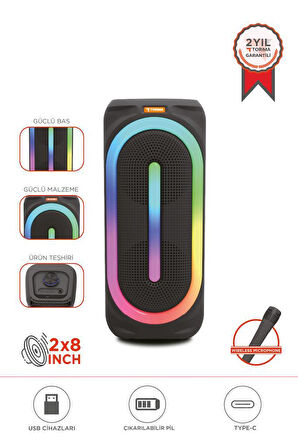 Torima D63 2x8’’ 50 W Güçlü Bass RGB Işıklı Kablosuz Mikrofonlu Bluetooth Hoparlör Speaker