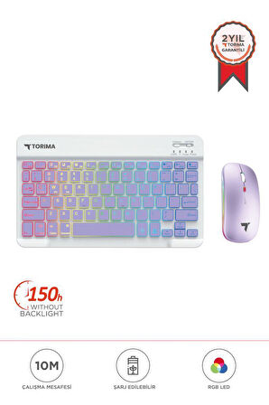 Torima TMK-09 Mor Şarj Edilebilir RGB Işıklı Kablosuz Klavye Mouse Seti