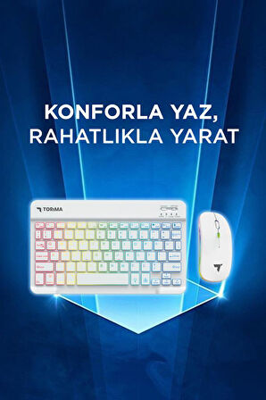 Torima TMK-09 Beyaz Şarj Edilebilir RGB Işıklı Kablosuz Klavye Mouse Seti