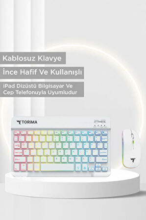 Torima TMK-09 Beyaz Şarj Edilebilir RGB Işıklı Kablosuz Klavye Mouse Seti
