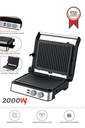 Torima TG-PRO300 Siyah-Gümüş 2000W Paslanmaz Çelik Tost Izgara Makinesi Çıkarılabilir Plaka