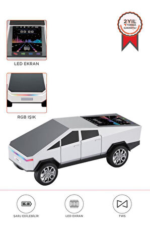 Torima D68 Beyaz CyberTruck Araba Tasarımlı Bluetooth Hoparlör 15W Güçlü Ses RGB LED /TWS/USB