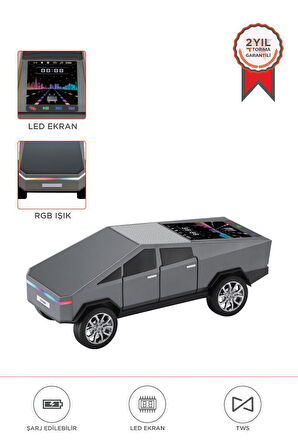 Torima D68 Gri CyberTruck Araba Tasarımlı Bluetooth Hoparlör 15W Güçlü Ses RGB LED /TWS/USB