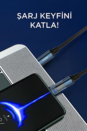 Torima U22 Siyah Type-C to Type-C 60W Hızlı Şarj Kablosu – LED Ekranlı, Dayanıklı Örgü Kablo