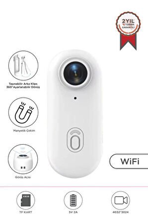 Torima CMR-34 Beyaz 4K Kayıt, Geniş Açı,Manyetik ve Klips Tasarımlı Giyilebilir Aksiyon ve Motosiklet Kamerası 