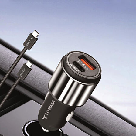 Torima C16 45W Silver Araç Şarj Cihazı Type-C Kablolu Hızlı Şarj Adaptörü
