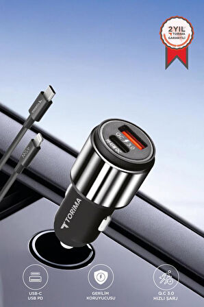 Torima C16 45W Silver Araç Şarj Cihazı Lıghtnıng Kablolu Hızlı Şarj Adaptörü