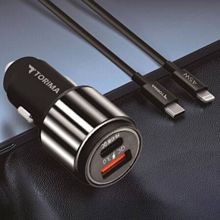 Torima C16 45W Silver Araç Şarj Cihazı Lıghtnıng Kablolu Hızlı Şarj Adaptörü