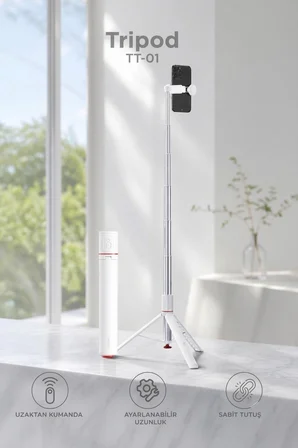 Tripod Çok Amaçlı Kumandalı 1.77M Selfie Çubuğu TT01 Beyaz