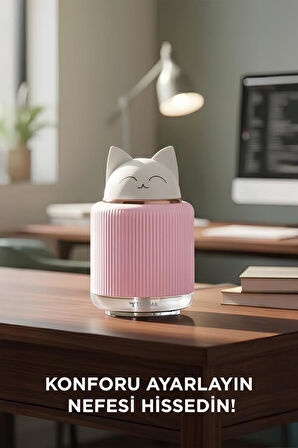 Torima H8 Pembe Sevimli Kedi Figürlü Gece Lambalı 300ml Mini Hava Nemlendirici Buhar Makinesi