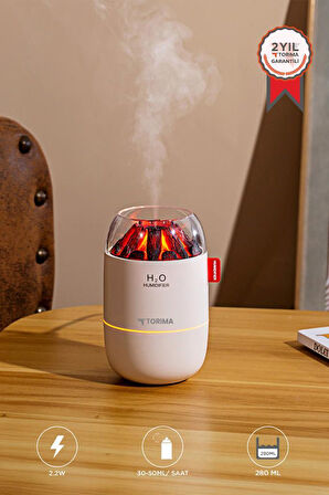 Torima H16 Beyaz Odun Ateşi Efekli Hava Nemlendirici Buhar Makinesi 280ML LED Işıklı Sessiz Çalışma