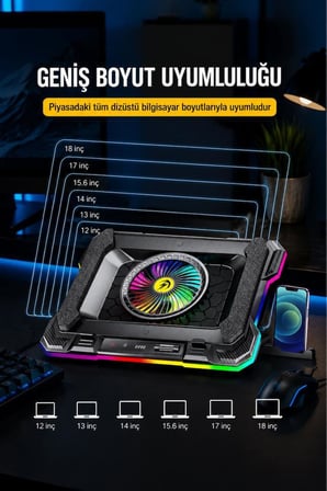 Laptop Soğutucu Ayarlanabilir Rgb Dizüstü Bilgisayar Soğutma Fanı CF07 Siyah