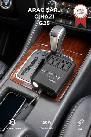 Araç Şarj Aleti 150W Çakmaklık İnvertör & Şarj Soketi 220V Priz+Çoklu USB Araba Çakmaklık G25 Siyah
