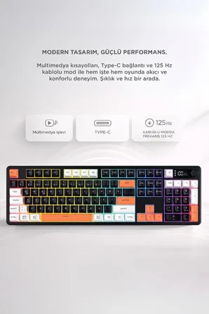 Oyuncu Klavyesi Rgb Işıklı Dijital Ekranlı 3 Modlu Mekanik Hisli Kablosuz Klavye TK14 