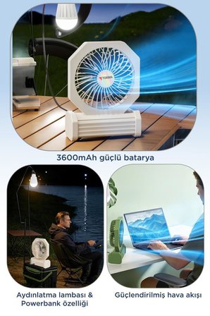 Şarjlı Masaüstü Vantilatör Powerbank Özellikli 3600 Mah Işıklı Taşınabilir Masa Fanı F58 Yeşil