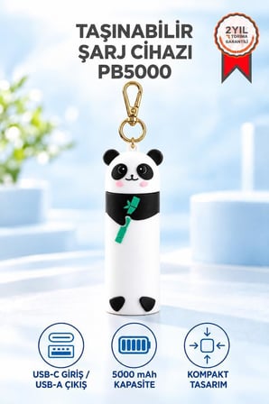 Torima Mini Powerbank 5000 Mah Panda Tasarımlı Anahtarlıklı Taşınabilir Şarj Cihazı PB5000 Siyah Beyaz