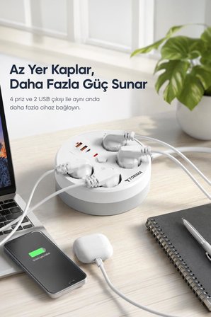 Torima Akım Korumalı Makaralı Priz 3 Port USB Çoğaltıcı Grup Priz 3M RPS01 Beyaz