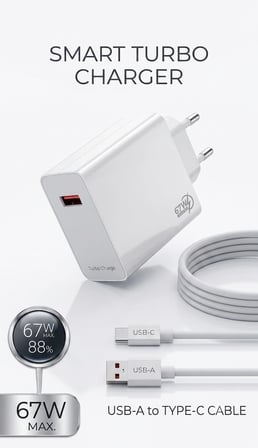 67W Turbo Hızlı Şarj Cihazı Adaptör ve USB-A to Type-C Kablo Seti - MADE IN EU