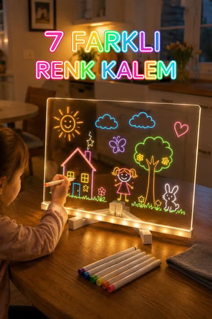Led Işıklı Çizim ve Boyama Tahtası 7 Adet Kalem Hediyeli Neon Işıklı Eğitici Not Tahtası LWB01