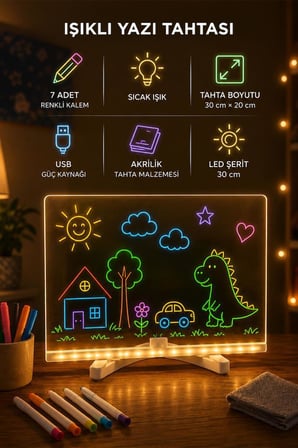 Led Işıklı Çizim ve Boyama Tahtası 7 Adet Kalem Hediyeli Neon Işıklı Eğitici Not Tahtası LWB01