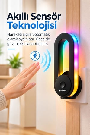 Torima Gece Lambası 180 Derece Hareketli Rgb Işıklı Akıllı Sensörlü Priz Tipi Lamba LW43 Siyah