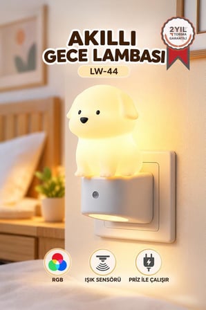 Torima Köpek Tasarımlı Gece Lambası Rgb Işıklı Akıllı Sensörlü Priz Tipi Lamba LW44 Beyaz