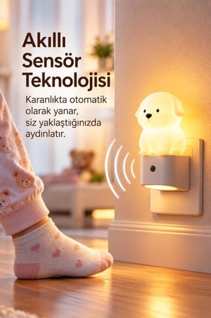 Torima Köpek Tasarımlı Gece Lambası Rgb Işıklı Akıllı Sensörlü Priz Tipi Lamba LW44 Beyaz