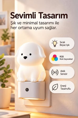 Torima Köpek Tasarımlı Gece Lambası Rgb Işıklı Akıllı Sensörlü Priz Tipi Lamba LW44 Beyaz